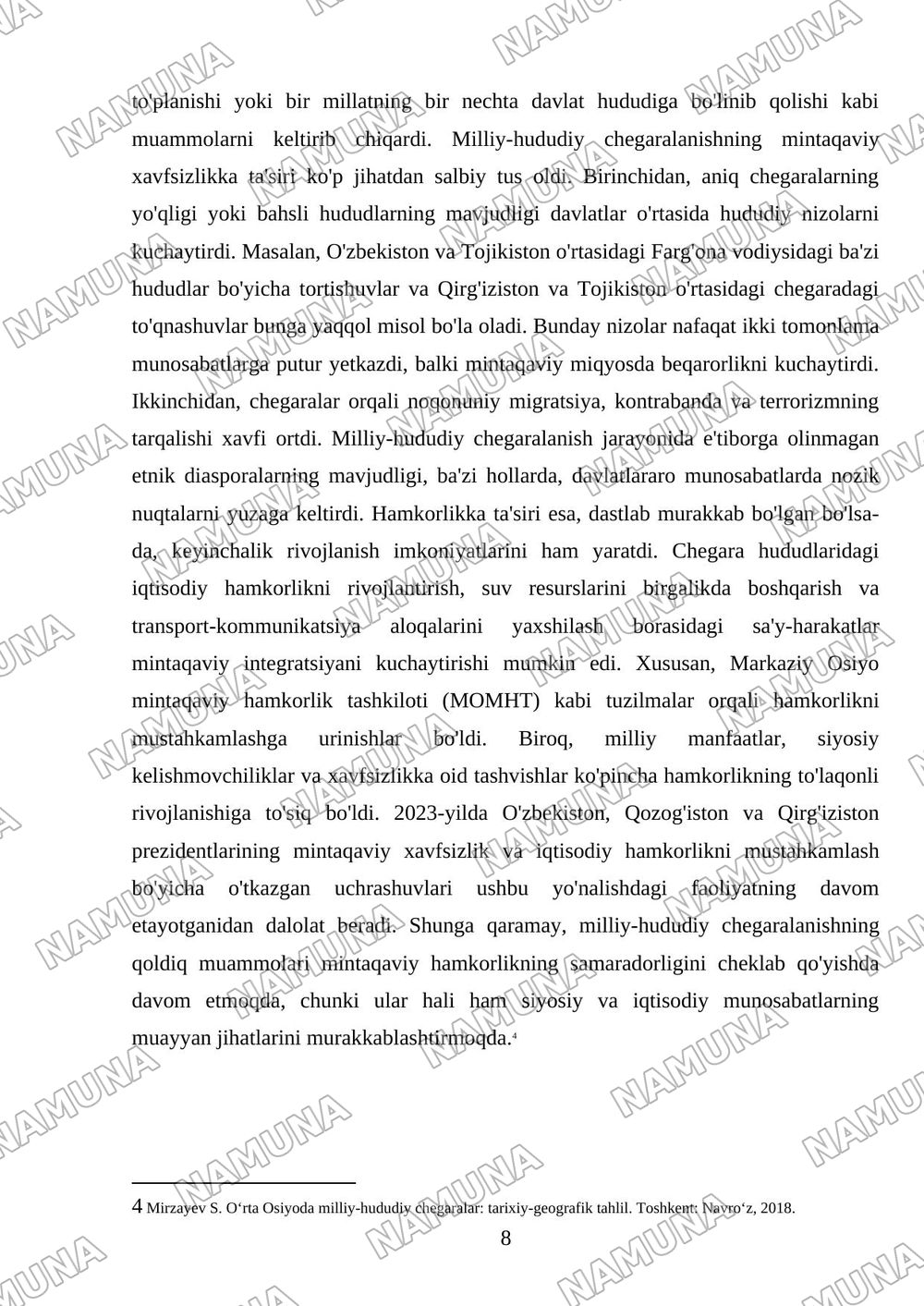 O'rta Osiyoda milliy-hududiy chegaralanishning o'tkaziliashi maqsad va mohiyati — referat, 8-varaq