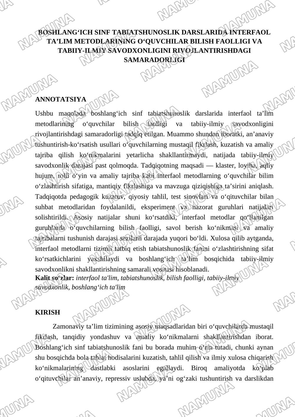 Boshlang‘ich sinf tabiatshunoslik darslarida interfaol ta’lim metodlarining o‘quvchilar bilish faolligi va tabiiy-ilmiy savodxonligini rivojlantirishdagi samaradorligi — maqola, 1-varaq