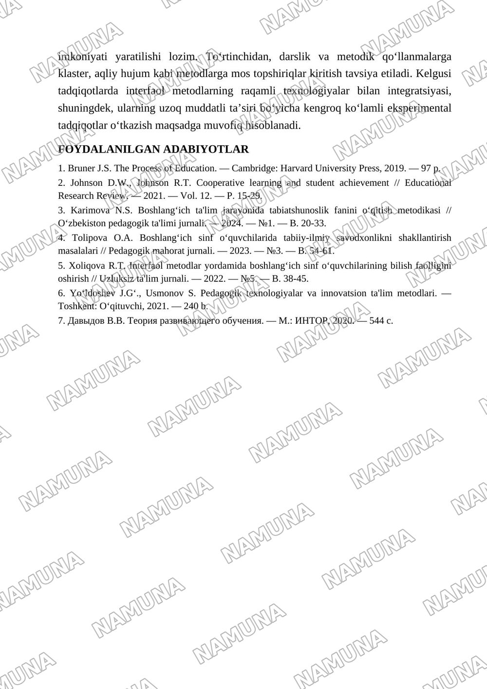 Boshlang‘ich sinf tabiatshunoslik darslarida interfaol ta’lim metodlarining o‘quvchilar bilish faolligi va tabiiy-ilmiy savodxonligini rivojlantirishdagi samaradorligi — maqola, 6-varaq