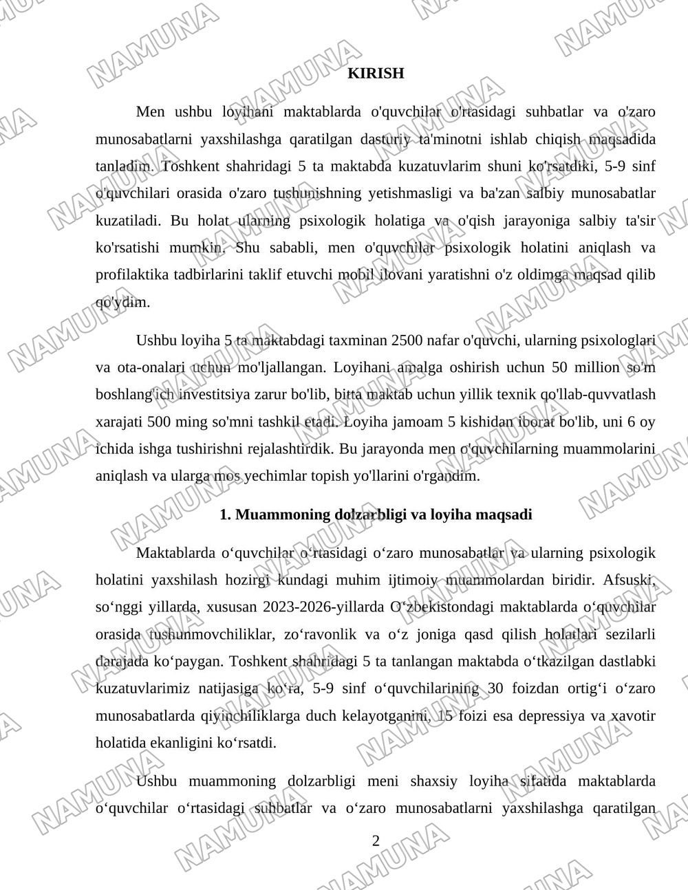 Maktablarda suidsid holat profilaktikasi — loyiha ishi, 2-varaq