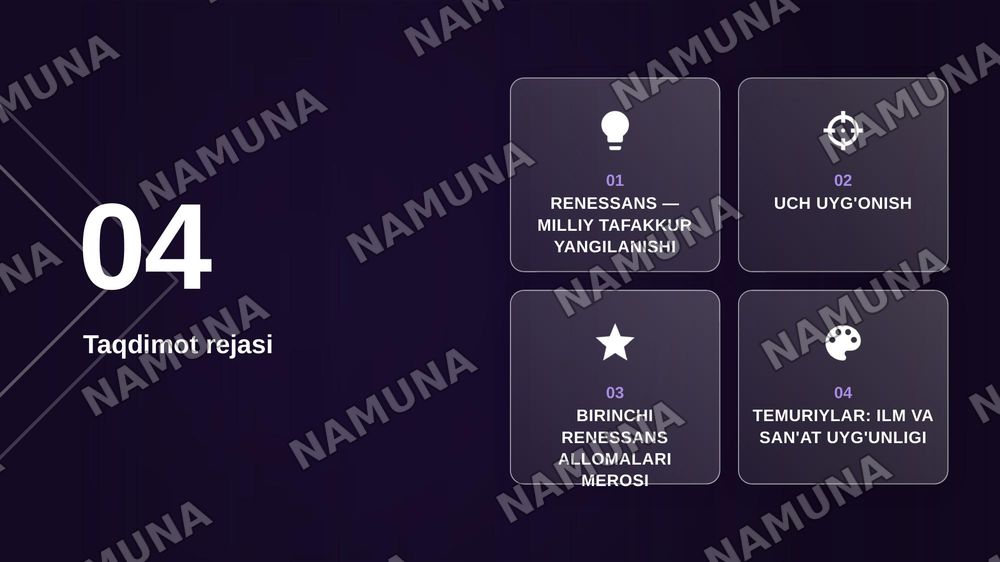 Mavzu: Yangi O'zbekiston — Uchinchi Renessans

Reja:

1. Kontseptsiyaning nazariy-tarixiy asoslari
a) «Yangi O'zbekiston» va «Uchinchi Renessans» tushunchalari: mohiyati, falsafasi va milliy g'oyasi.
b) Tarixiy vorisiylik.
v) Birinchi Sharq Uyg'onish davri (IX–XII asrlar): Al-Xorazmiy, Al-Farg'oniy, — zamonaviy taqdimot, 2-slayd