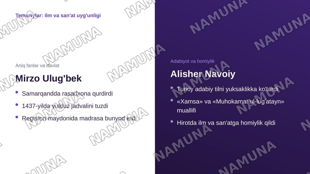 Mavzu: Yangi O'zbekiston — Uchinchi Renessans

Reja:

1. Kontseptsiyaning nazariy-tarixiy asoslari
a) «Yangi O'zbekiston» va «Uchinchi Renessans» tushunchalari: mohiyati, falsafasi va milliy g'oyasi.
b) Tarixiy vorisiylik.
v) Birinchi Sharq Uyg'onish davri (IX–XII asrlar): Al-Xorazmiy, Al-Farg'oniy, — zamonaviy taqdimot, 6-slayd