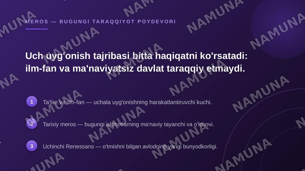 Mavzu: Yangi O'zbekiston — Uchinchi Renessans

Reja:

1. Kontseptsiyaning nazariy-tarixiy asoslari
a) «Yangi O'zbekiston» va «Uchinchi Renessans» tushunchalari: mohiyati, falsafasi va milliy g'oyasi.
b) Tarixiy vorisiylik.
v) Birinchi Sharq Uyg'onish davri (IX–XII asrlar): Al-Xorazmiy, Al-Farg'oniy, — zamonaviy taqdimot, 7-slayd
