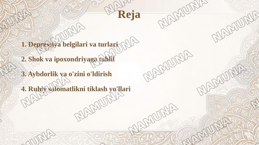 Bemorning ruhiy holati "depressiya shok choʻchish ipoxondirya oʻzini ayibdor his qilish suyitsidal fikrlash" — taqdimot, 2-slayd