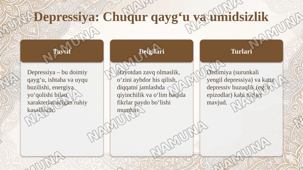 Bemorning ruhiy holati "depressiya shok choʻchish ipoxondirya oʻzini ayibdor his qilish suyitsidal fikrlash" — taqdimot, 4-slayd