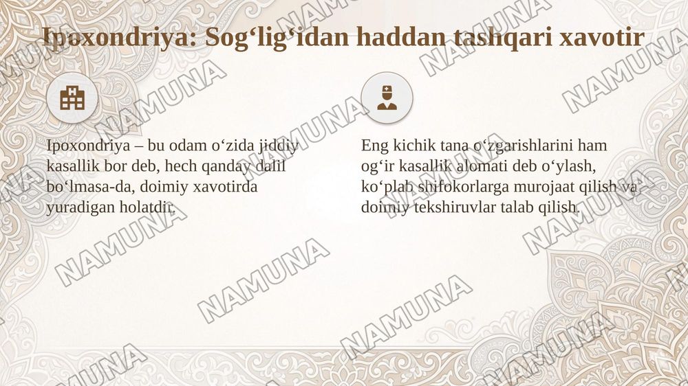 Bemorning ruhiy holati "depressiya shok choʻchish ipoxondirya oʻzini ayibdor his qilish suyitsidal fikrlash" — taqdimot, 6-slayd