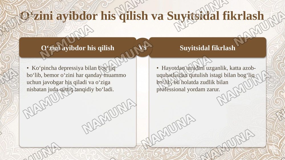 Bemorning ruhiy holati "depressiya shok choʻchish ipoxondirya oʻzini ayibdor his qilish suyitsidal fikrlash" — taqdimot, 7-slayd
