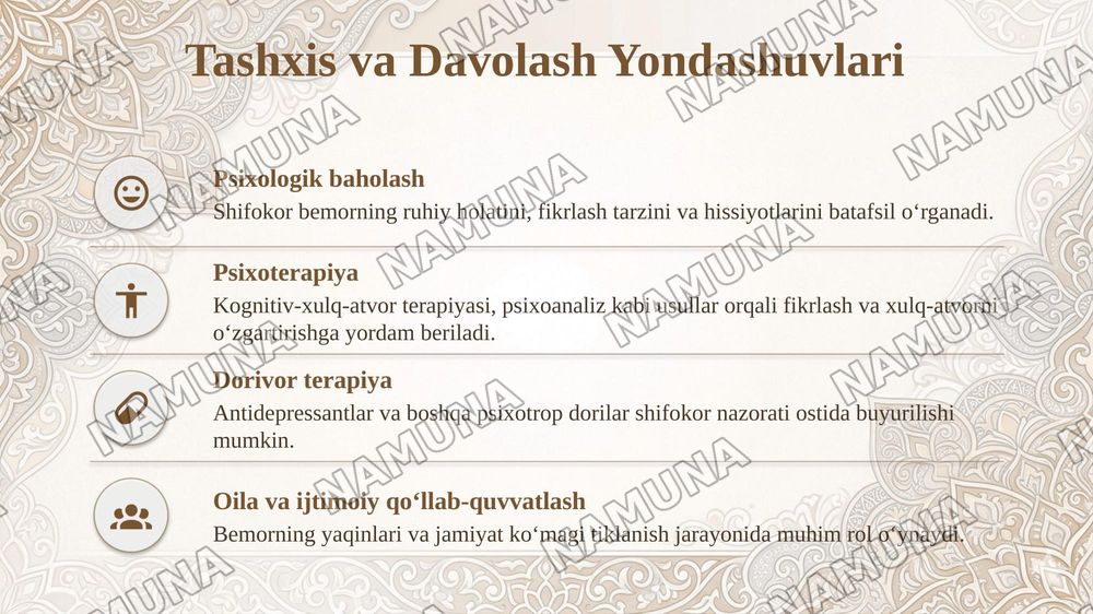 Bemorning ruhiy holati "depressiya shok choʻchish ipoxondirya oʻzini ayibdor his qilish suyitsidal fikrlash" — taqdimot, 8-slayd