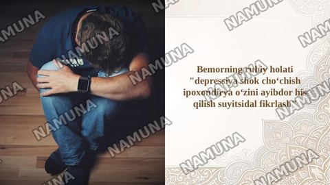 Bemorning ruhiy holati "depressiya shok choʻchish ipoxondirya oʻzini ayibdor his qilish suyitsidal fikrlash" — taqdimot