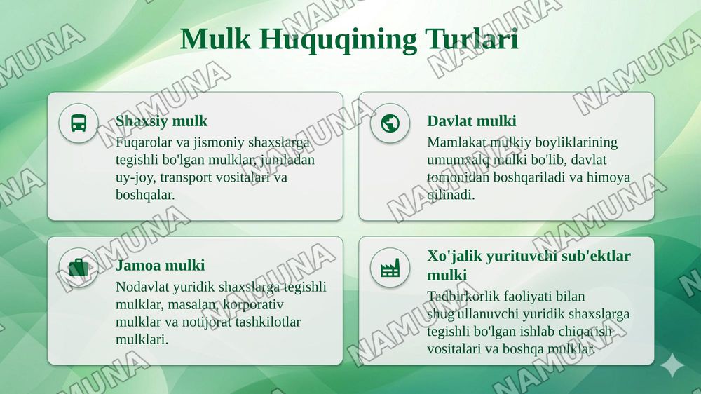 📌Mavzu: MULK HUQUQI TUSHUNCHASI, MAZMUNI VA ASOSIY BELGILARI — taqdimot, 4-slayd