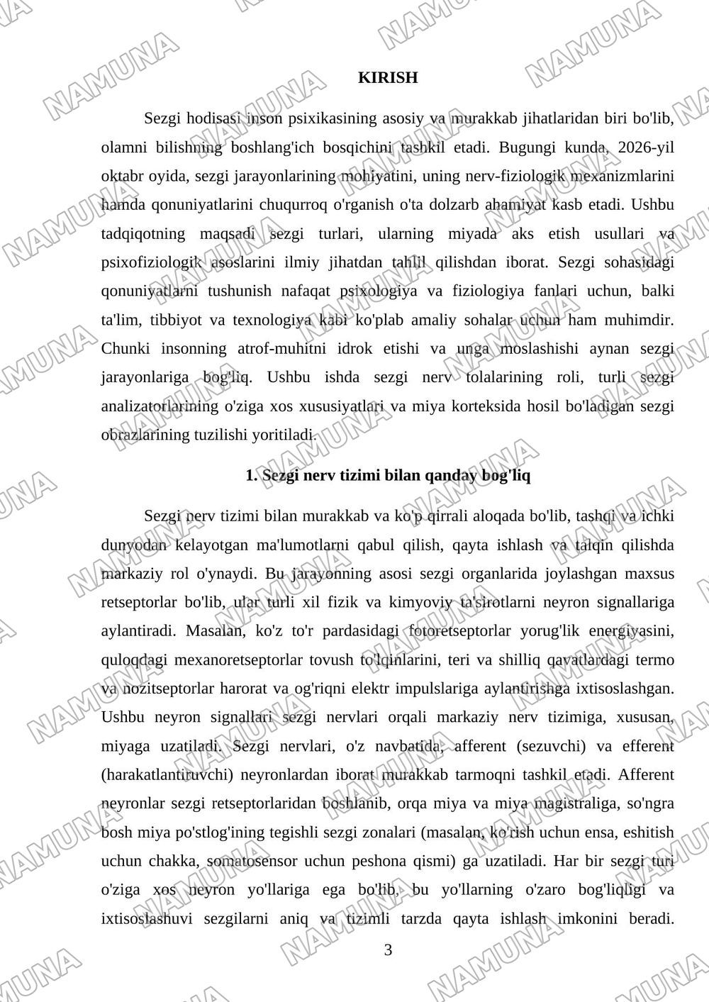 Sezgi Sezgi haqida , sezgi nerv azolari sezgi turlari va sezgi sohasidagi qonunlar sezgi sezuv pisoh asoslari — mustaqil ish, 3-varaq