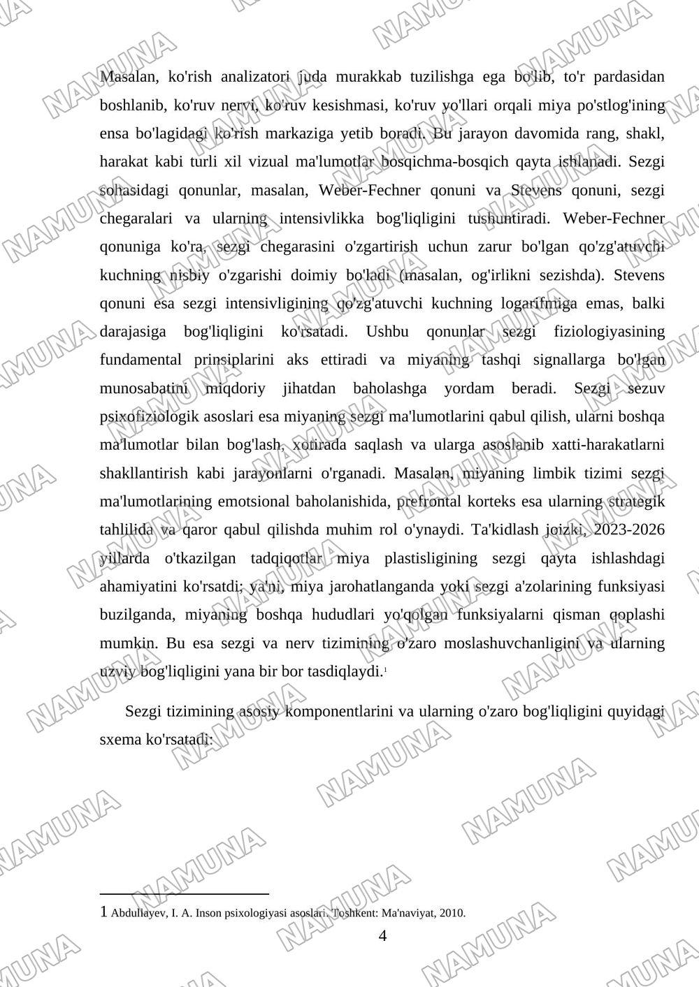 Sezgi Sezgi haqida , sezgi nerv azolari sezgi turlari va sezgi sohasidagi qonunlar sezgi sezuv pisoh asoslari — mustaqil ish, 4-varaq