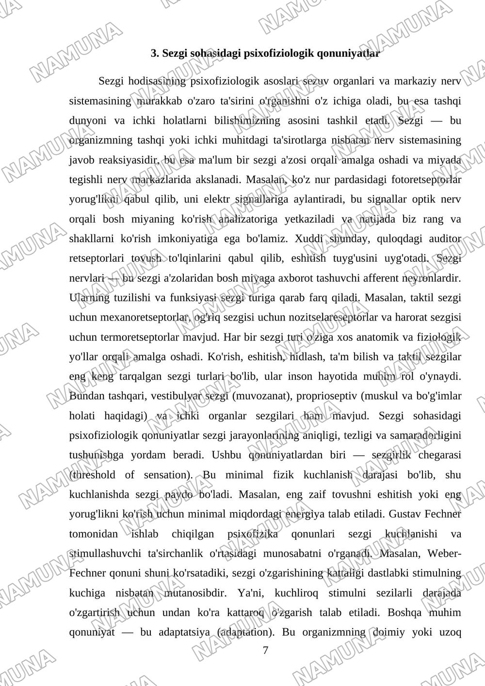 Sezgi Sezgi haqida , sezgi nerv azolari sezgi turlari va sezgi sohasidagi qonunlar sezgi sezuv pisoh asoslari — mustaqil ish, 7-varaq