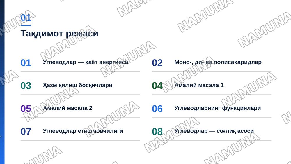 Углеводлар алмашинуви ва функциялари — zamonaviy taqdimot, 2-slayd