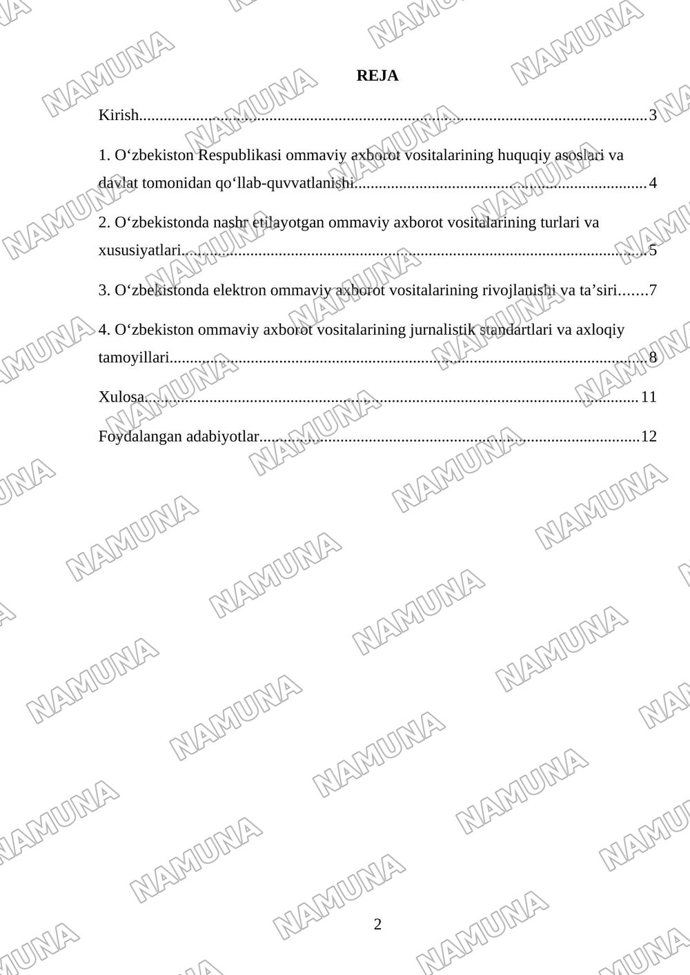 O‘zbekiston Respublikasida ommaviy axborot vositalarining faolligi. — referat, 2-varaq