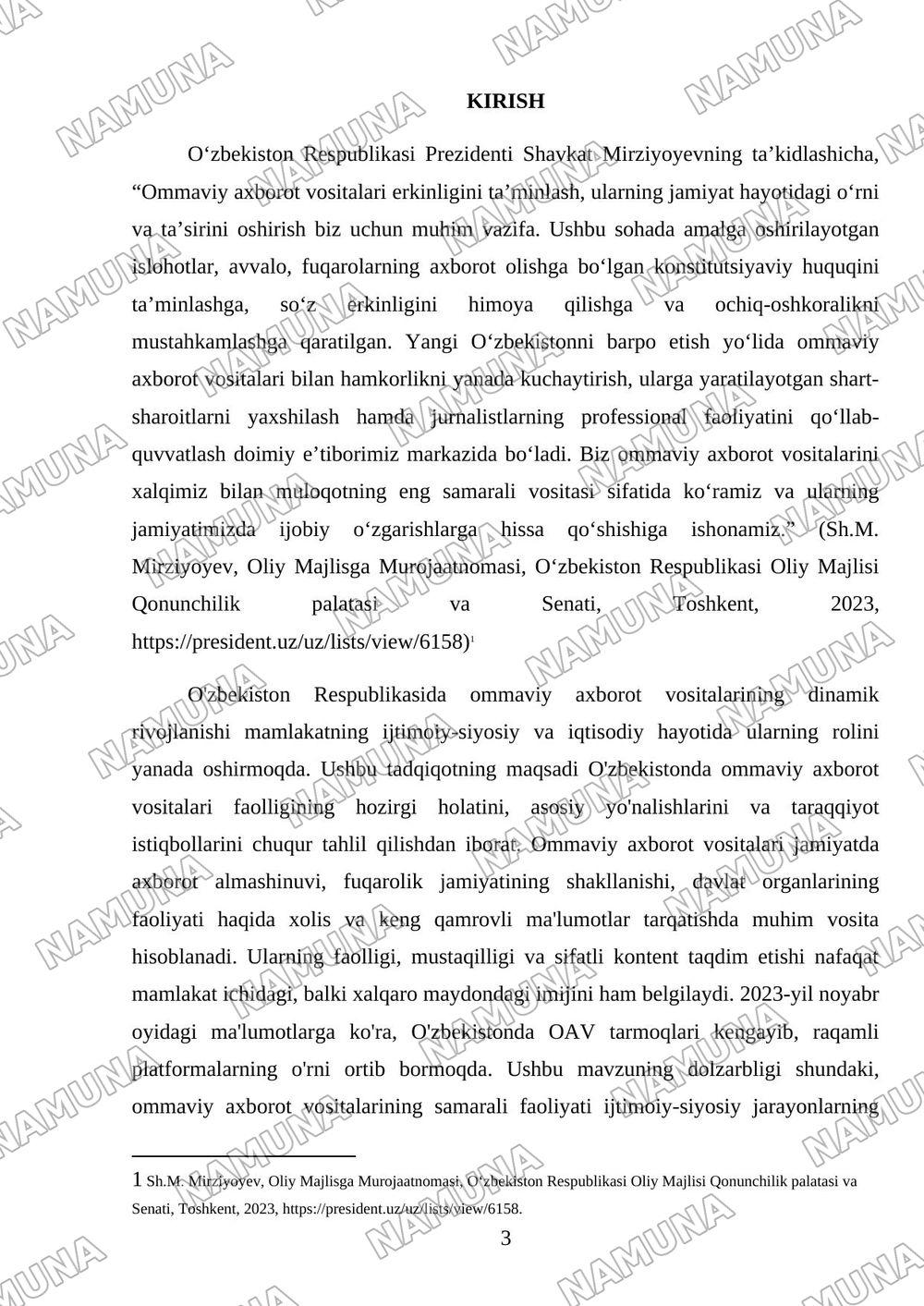 O‘zbekiston Respublikasida ommaviy axborot vositalarining faolligi. — referat, 3-varaq