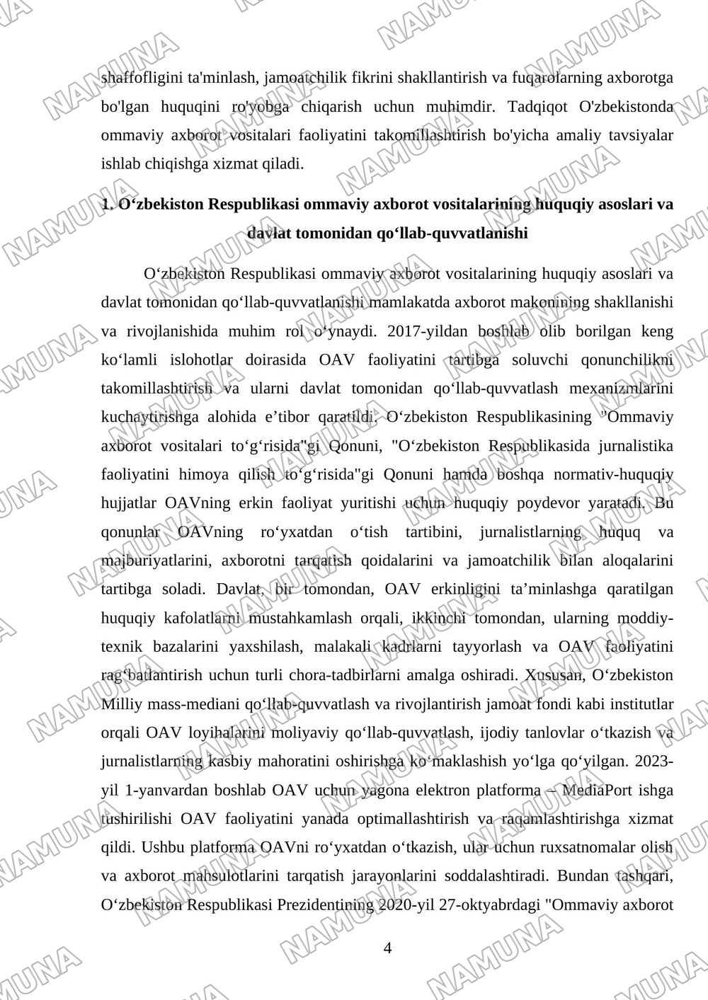 O‘zbekiston Respublikasida ommaviy axborot vositalarining faolligi. — referat, 4-varaq