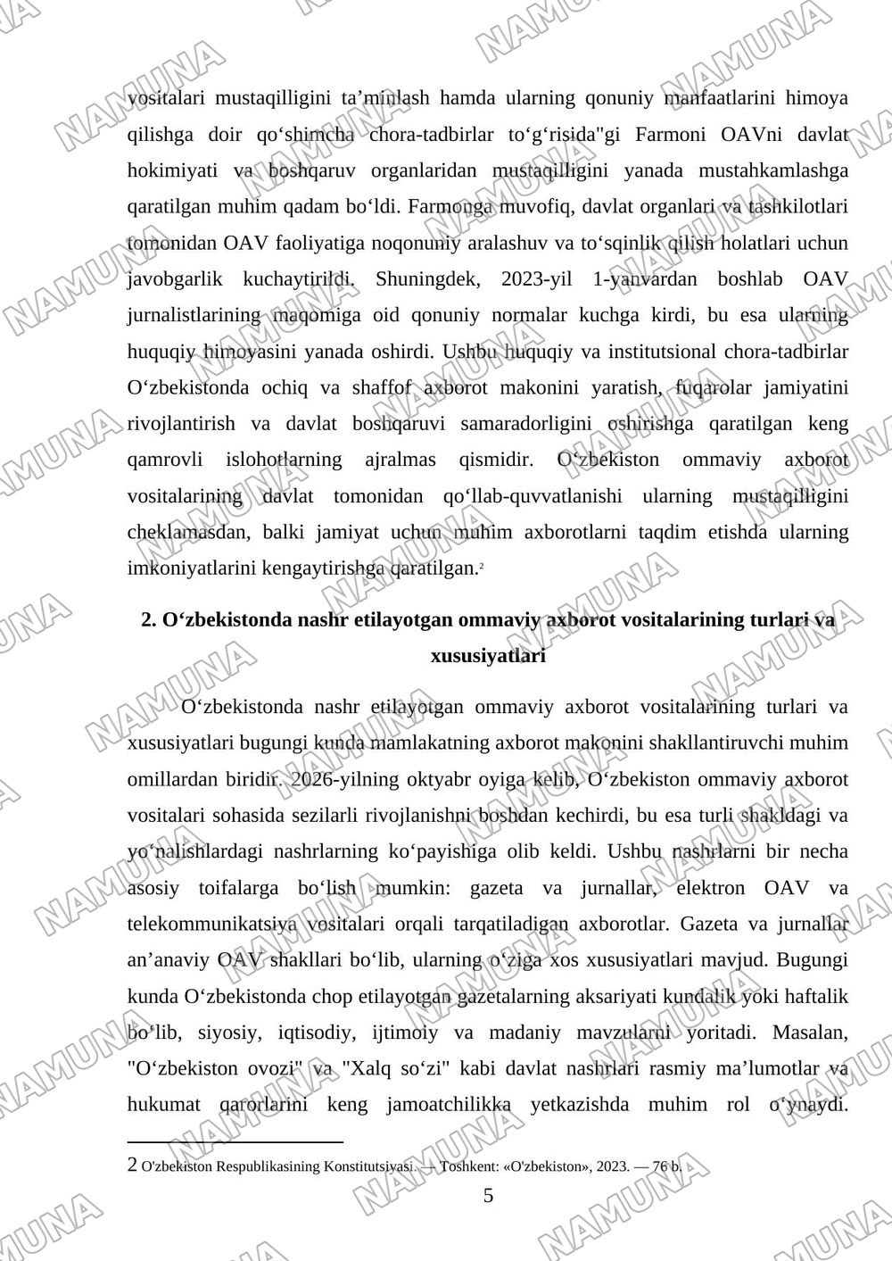 O‘zbekiston Respublikasida ommaviy axborot vositalarining faolligi. — referat, 5-varaq