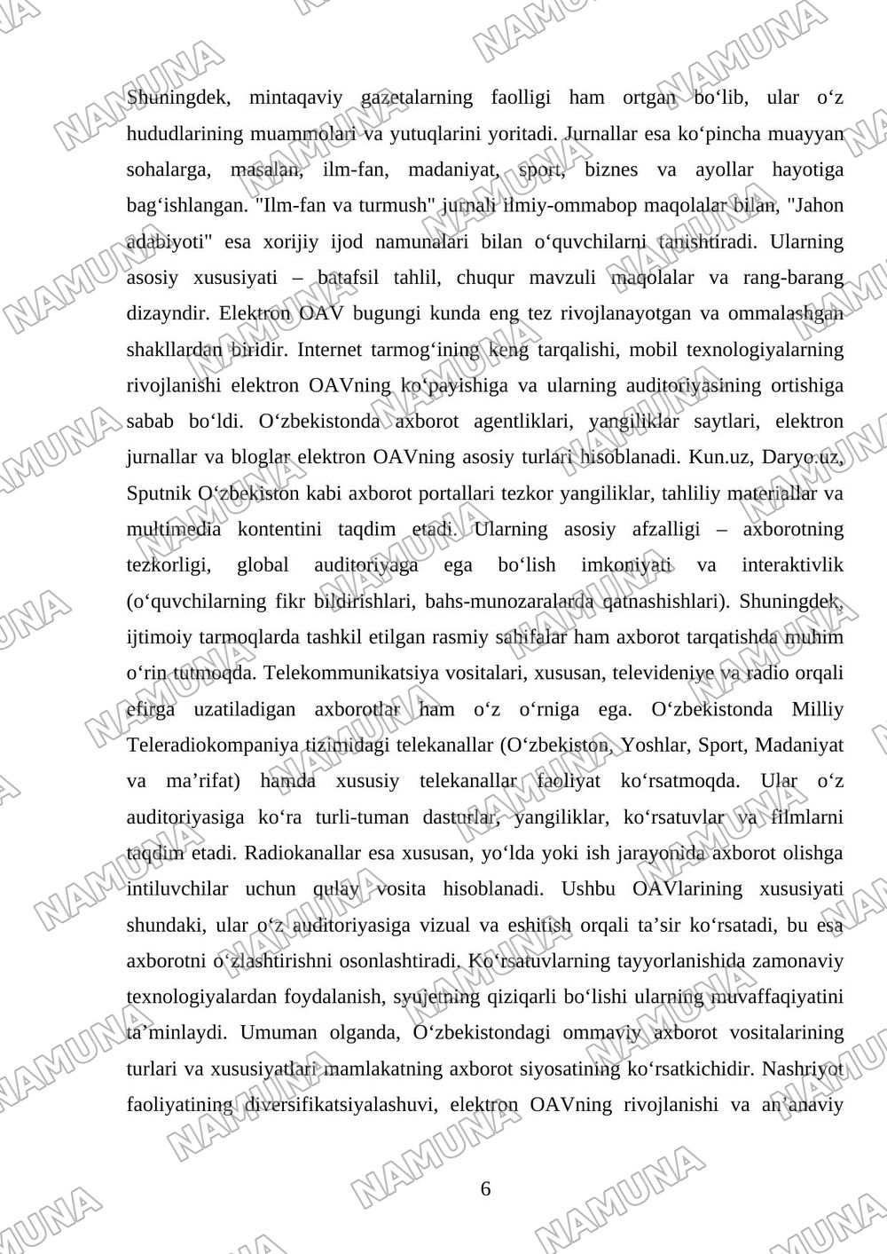 O‘zbekiston Respublikasida ommaviy axborot vositalarining faolligi. — referat, 6-varaq