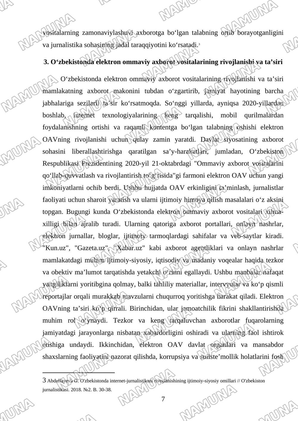 O‘zbekiston Respublikasida ommaviy axborot vositalarining faolligi. — referat, 7-varaq