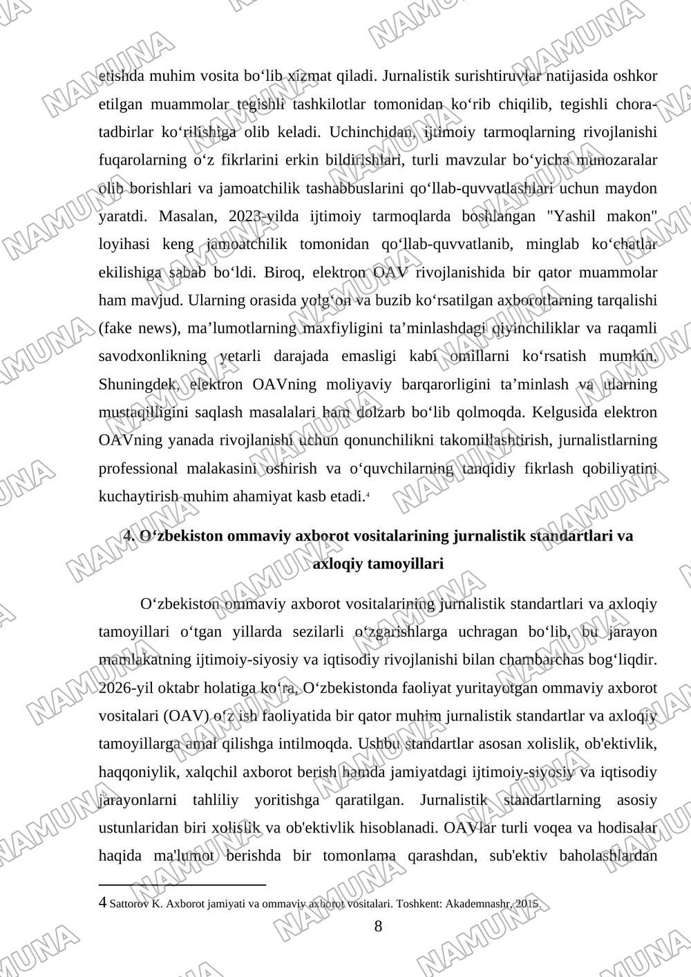 O‘zbekiston Respublikasida ommaviy axborot vositalarining faolligi. — referat, 8-varaq