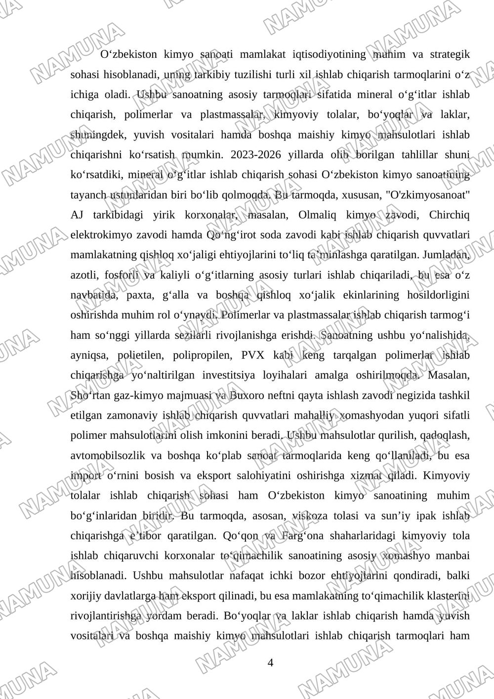 Oʻzbekistonda kimyo sanoatining rivojlanishi — mustaqil ish, 4-varaq