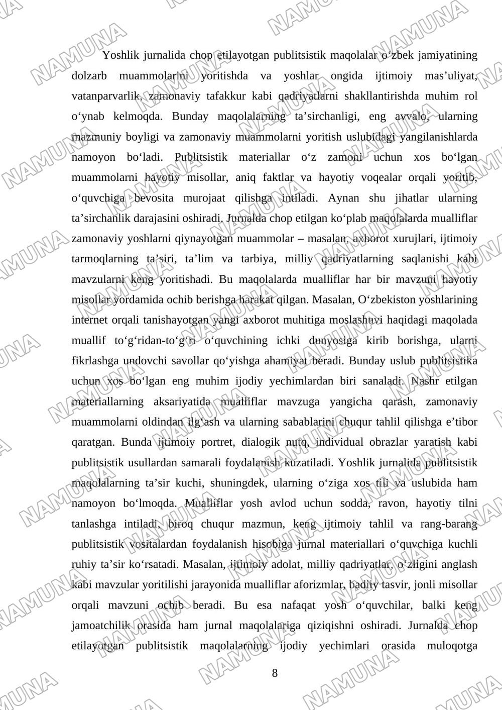 Yoshlik jurnalida bosilgan publitsistik maqolalar tahlili — mustaqil ish, 8-varaq