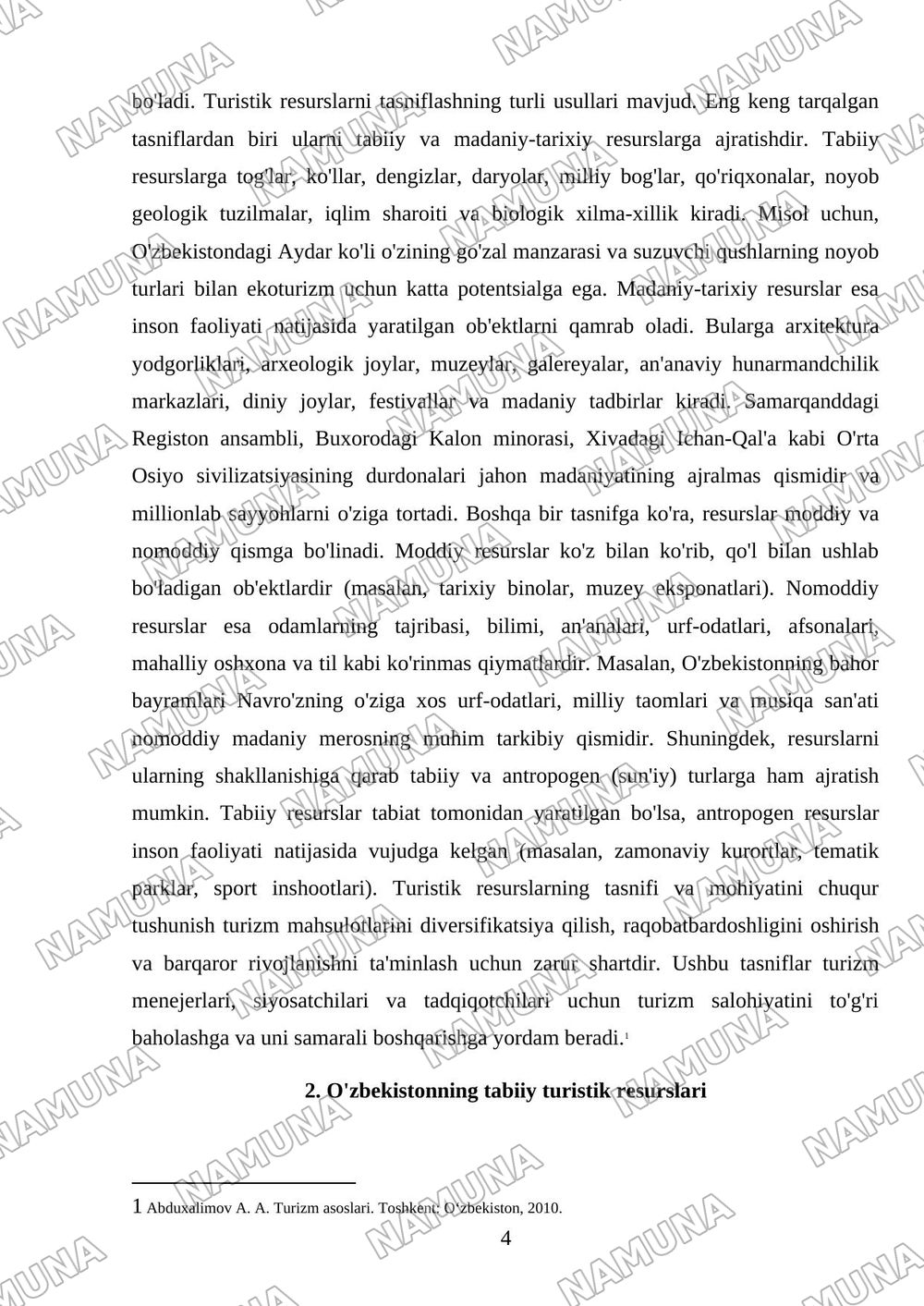 Turistik resurslar va mahsulotlar — mustaqil ish, 4-varaq
