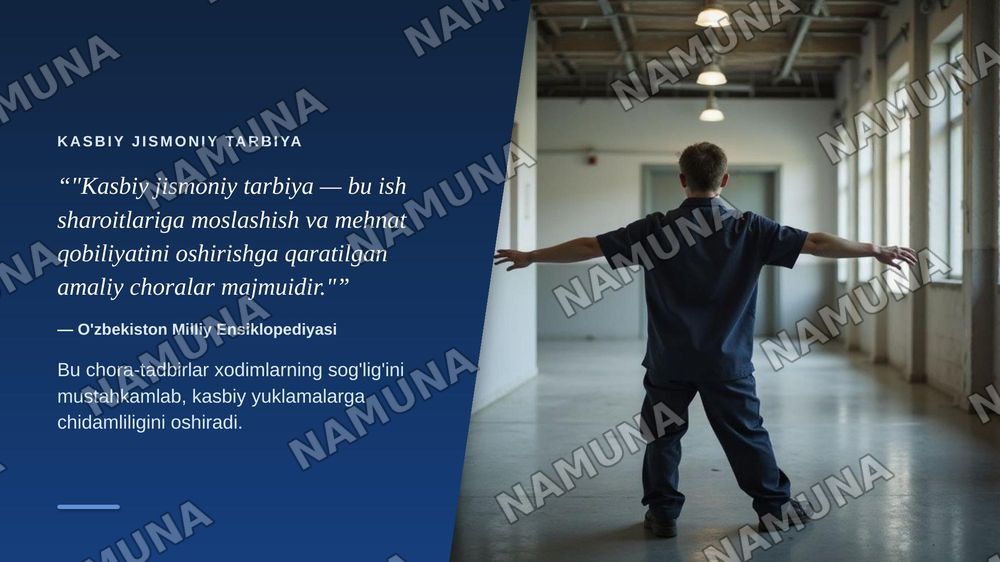 Ishlab chiqarish korxonalarida kasbiy-amaliy jismoniy tarbiya. 
Sog‘lomlashtiruvchi jismoniy tarbiyaning nazariy asoslari. 
Jismoniy tarbiya va sport mashg‘ulotlarining o‘zaro aloqadorligi. — zamonaviy taqdimot, 4-slayd