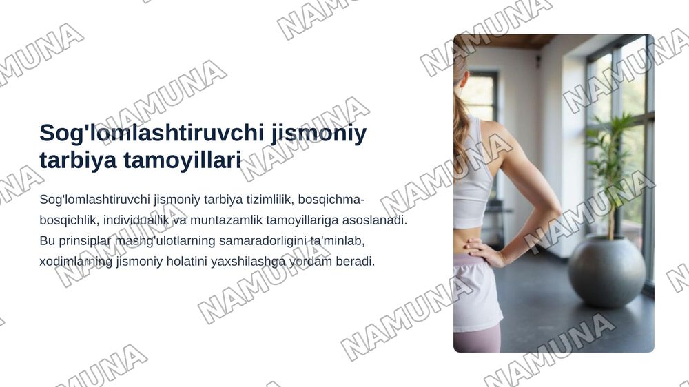 Ishlab chiqarish korxonalarida kasbiy-amaliy jismoniy tarbiya. 
Sog‘lomlashtiruvchi jismoniy tarbiyaning nazariy asoslari. 
Jismoniy tarbiya va sport mashg‘ulotlarining o‘zaro aloqadorligi. — zamonaviy taqdimot, 5-slayd
