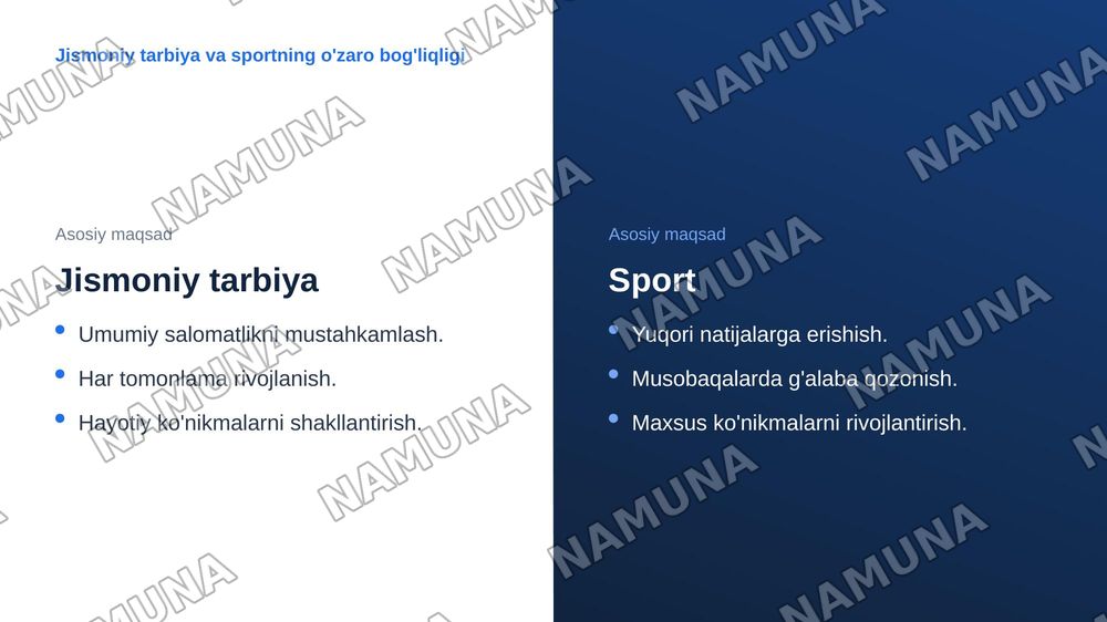 Ishlab chiqarish korxonalarida kasbiy-amaliy jismoniy tarbiya. 
Sog‘lomlashtiruvchi jismoniy tarbiyaning nazariy asoslari. 
Jismoniy tarbiya va sport mashg‘ulotlarining o‘zaro aloqadorligi. — zamonaviy taqdimot, 8-slayd