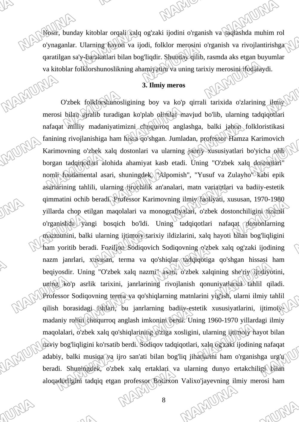Folklorshunos olimlar hayoti,ijodi va folklorshunoslikka qòshgan hissasi — mustaqil ish, 8-varaq