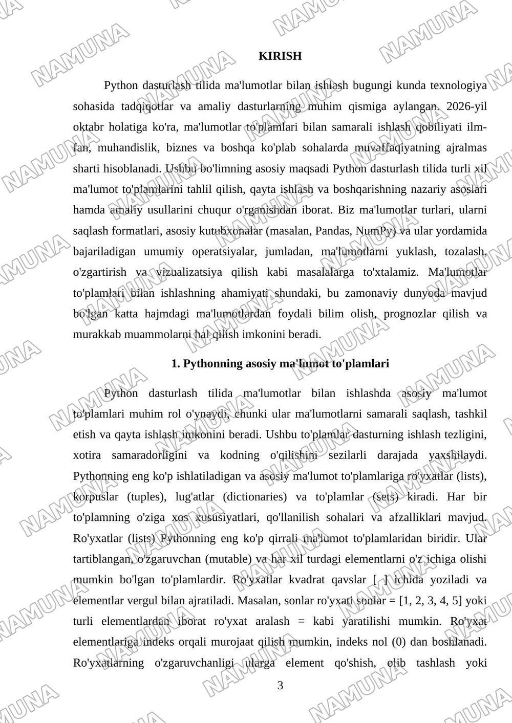 Pythonda ma'lumot to'plamlari bilan ishlash. — referat, 3-varaq