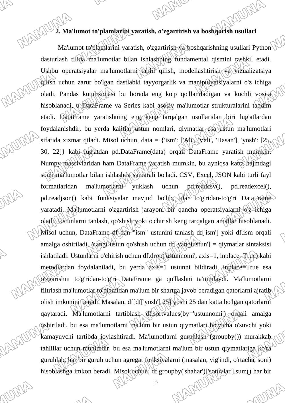 Pythonda ma'lumot to'plamlari bilan ishlash. — referat, 5-varaq
