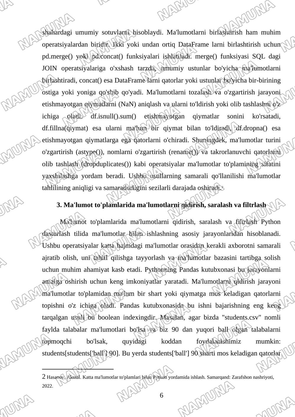Pythonda ma'lumot to'plamlari bilan ishlash. — referat, 6-varaq