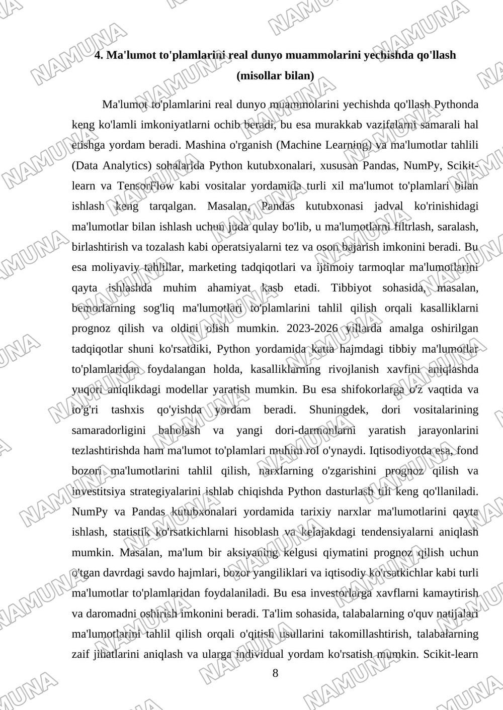 Pythonda ma'lumot to'plamlari bilan ishlash. — referat, 8-varaq
