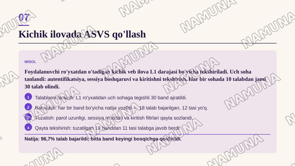Security Engineering: kichik veb ilovada OWASP ASVS standartini qo'llash; — zamonaviy taqdimot, 8-slayd