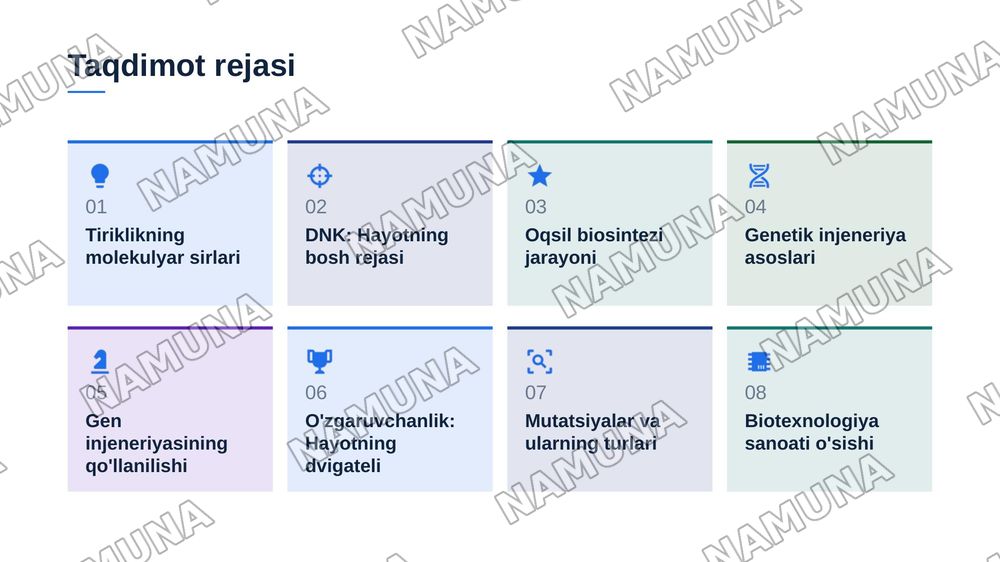 Tiriklikning molekulyar asoslari. Nuklein kislotalar va irsiy belgilarni nasldan-naslga o'tishdagi roli. DNK ning oqsil biosintezidagi roli. Genetik injeneriya.O'zgaruvchanlik va uning shakllari — zamonaviy taqdimot, 2-slayd