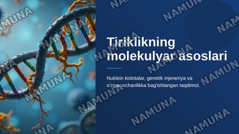Tiriklikning molekulyar asoslari. Nuklein kislotalar va irsiy belgilarni nasldan-naslga o'tishdagi roli. DNK ning oqsil biosintezidagi roli. Genetik injeneriya.O'zgaruvchanlik va uning shakllari — zamonaviy taqdimot