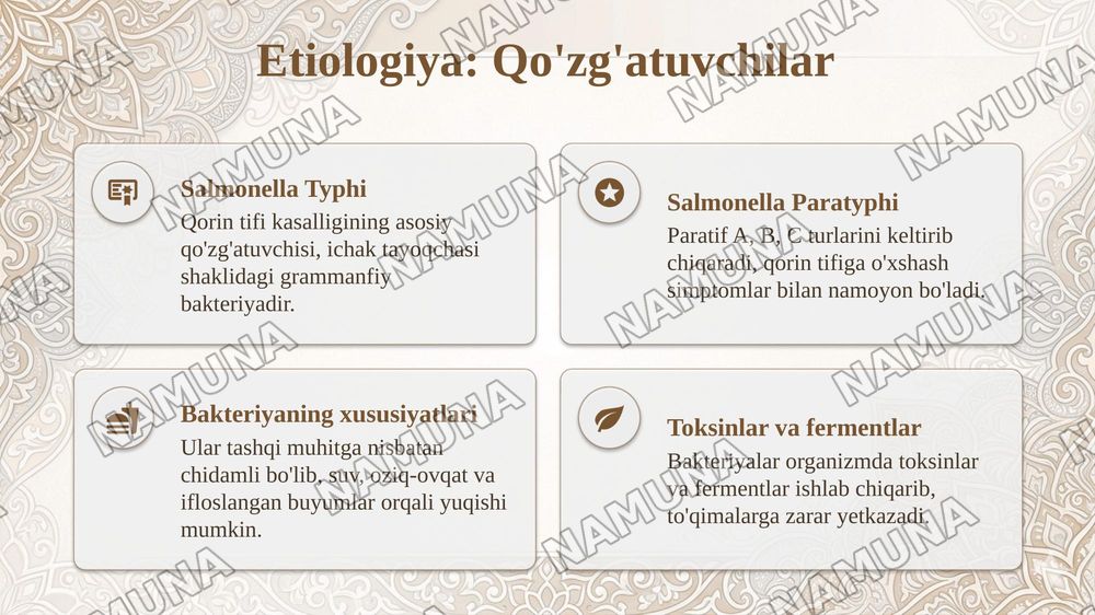 Qorin tifi. Paratiflar. Etiologiya, epidemiologiya, klinikasi, diagnostika, davolash, profilaktikasi — taqdimot, 4-slayd
