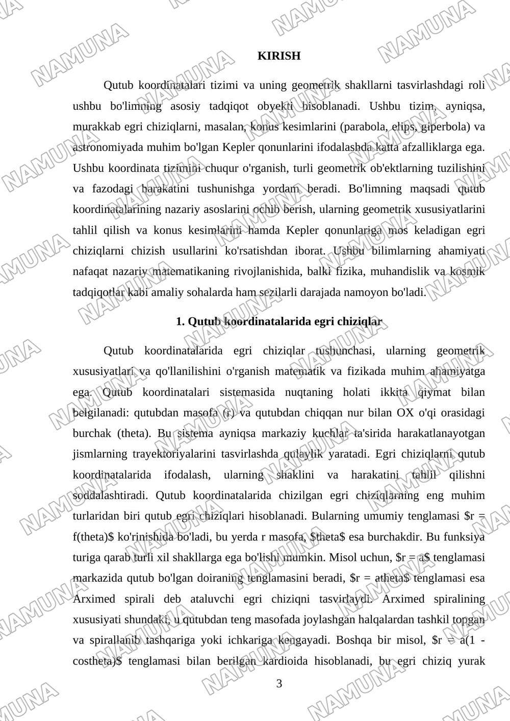 Qutub koordinatalari. Qutub egri chiziqlari. Qutub egri chiziqlarini chizish. Konus kesimlar (parabola, elips, giperbola). Kepler qonunlari. — mustaqil ish, 3-varaq