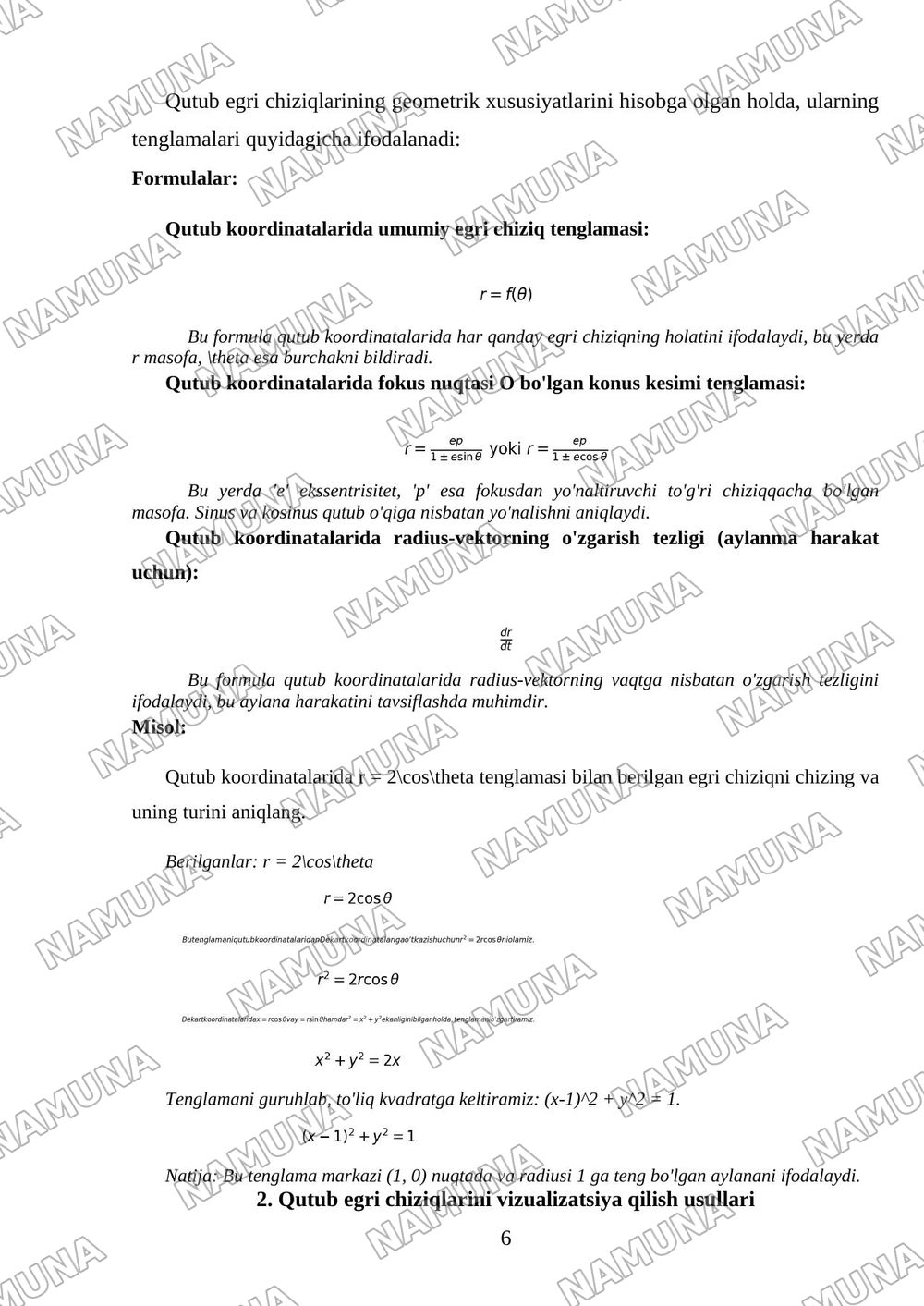 Qutub koordinatalari. Qutub egri chiziqlari. Qutub egri chiziqlarini chizish. Konus kesimlar (parabola, elips, giperbola). Kepler qonunlari. — mustaqil ish, 6-varaq