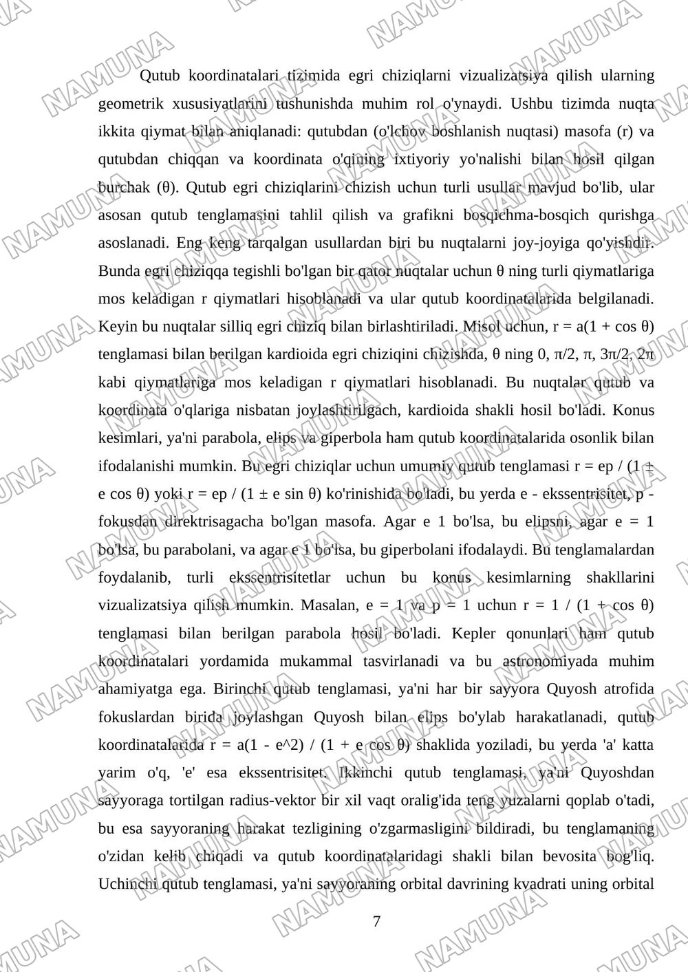 Qutub koordinatalari. Qutub egri chiziqlari. Qutub egri chiziqlarini chizish. Konus kesimlar (parabola, elips, giperbola). Kepler qonunlari. — mustaqil ish, 7-varaq