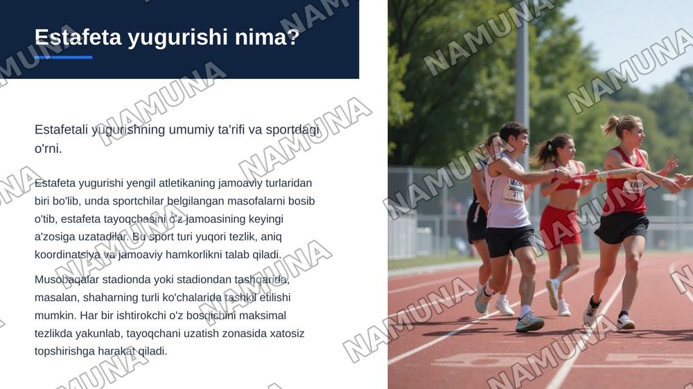 Estafeta yugurish yurish texnikasi asoslari. Estafetali yugurish texnikasini o‘rgatishning nazariy va uslubiy asoslari. — zamonaviy taqdimot, 3-slayd