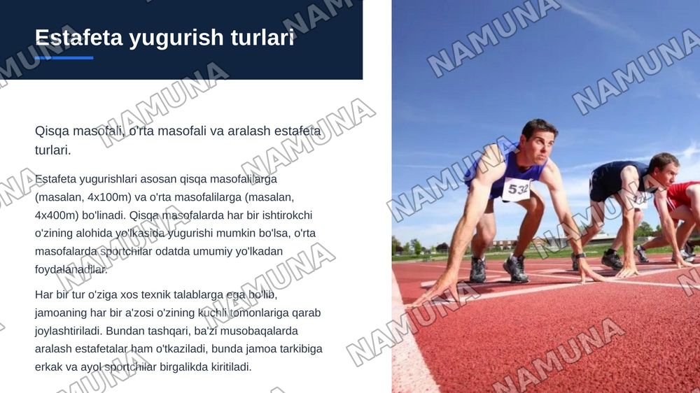 Estafeta yugurish yurish texnikasi asoslari. Estafetali yugurish texnikasini o‘rgatishning nazariy va uslubiy asoslari. — zamonaviy taqdimot, 5-slayd