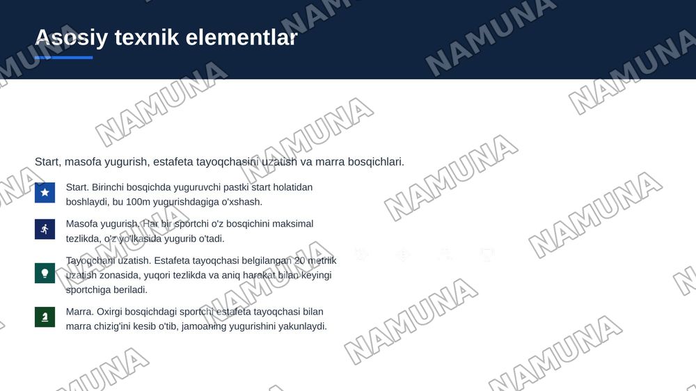 Estafeta yugurish yurish texnikasi asoslari. Estafetali yugurish texnikasini o‘rgatishning nazariy va uslubiy asoslari. — zamonaviy taqdimot, 6-slayd