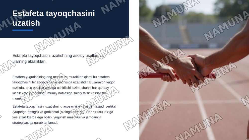 Estafeta yugurish yurish texnikasi asoslari. Estafetali yugurish texnikasini o‘rgatishning nazariy va uslubiy asoslari. — zamonaviy taqdimot, 7-slayd