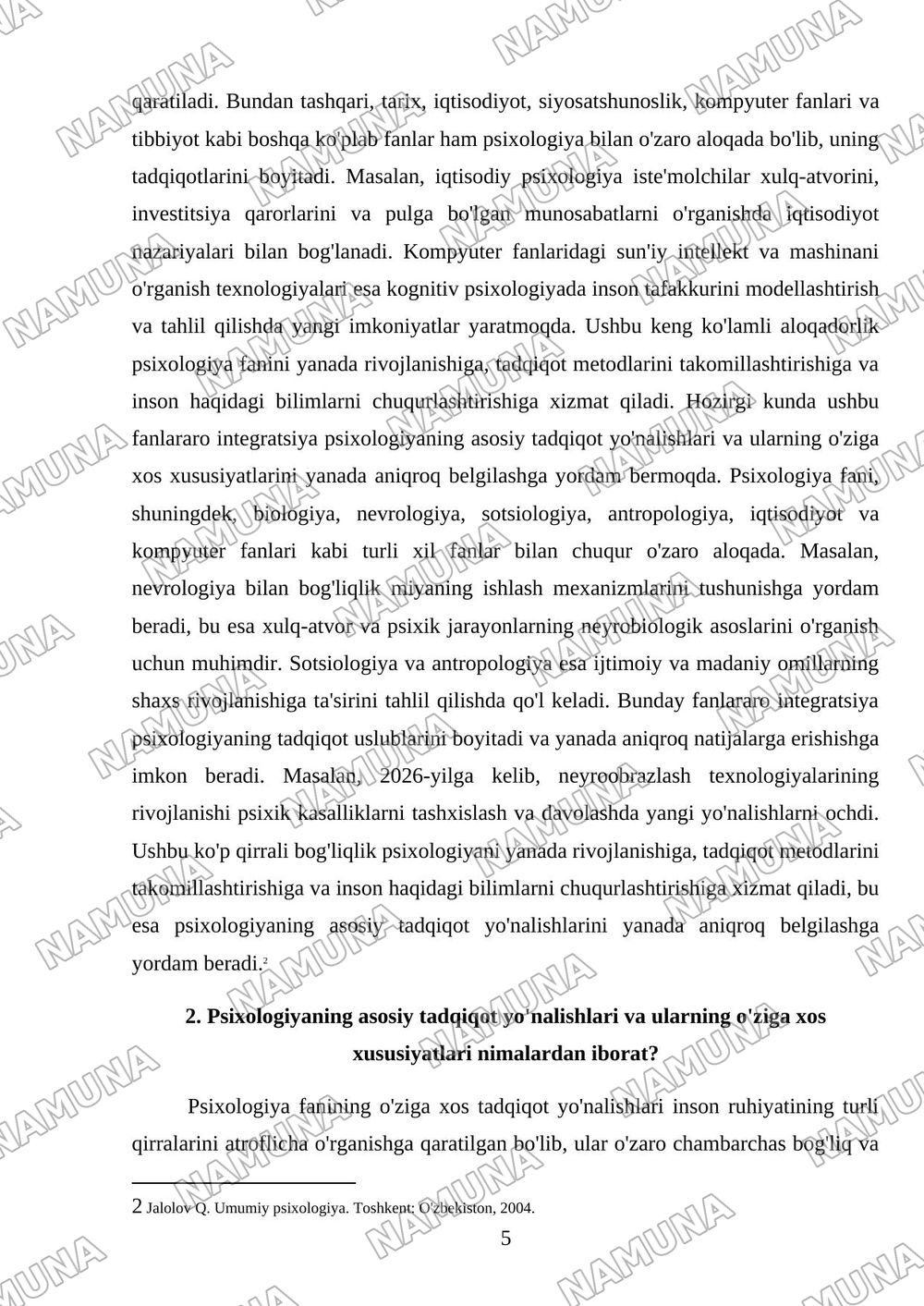 Psixologiya fanining sohalari va uning tadqiqot metodlari — mustaqil ish, 5-varaq