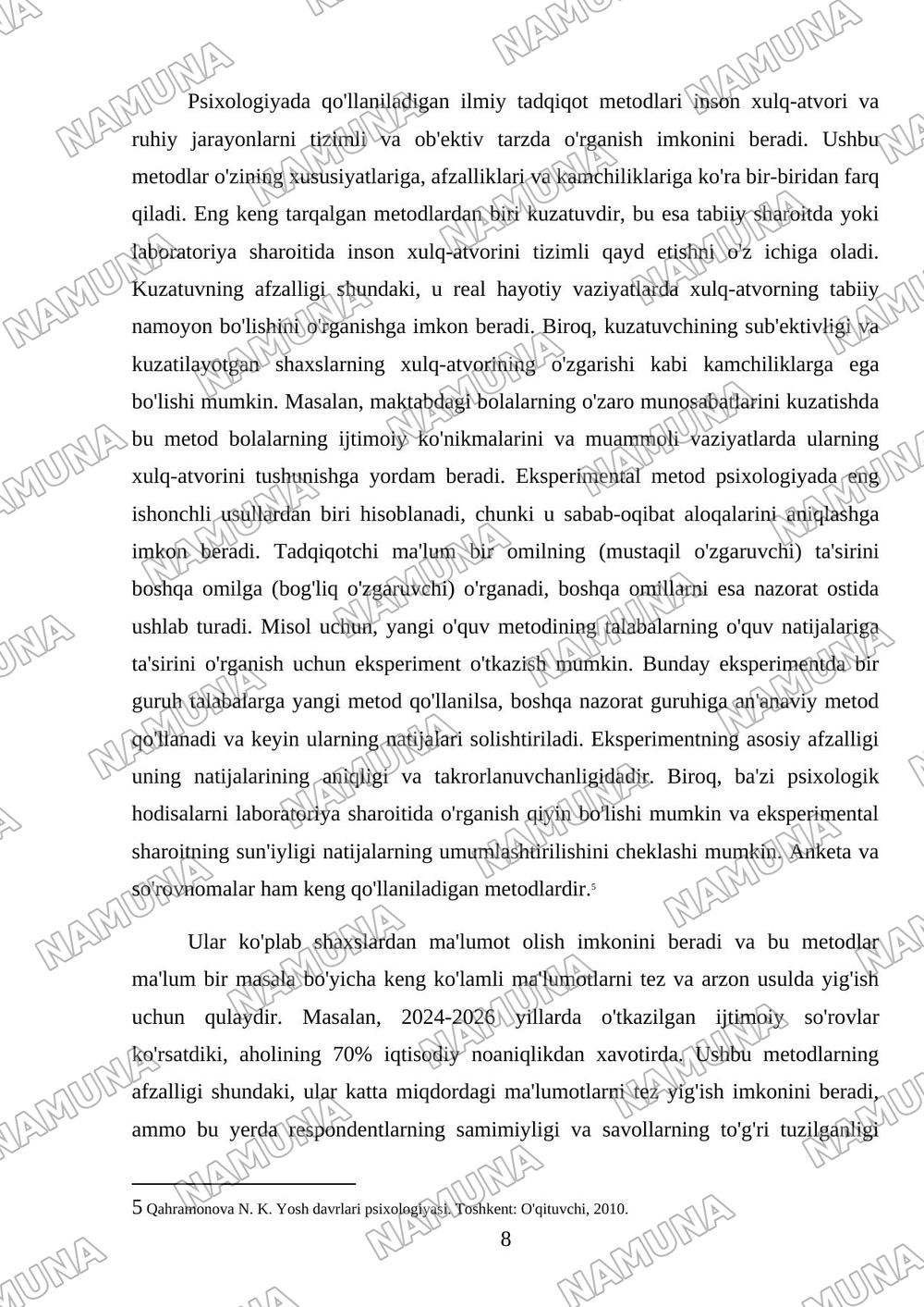 Psixologiya fanining sohalari va uning tadqiqot metodlari — mustaqil ish, 8-varaq