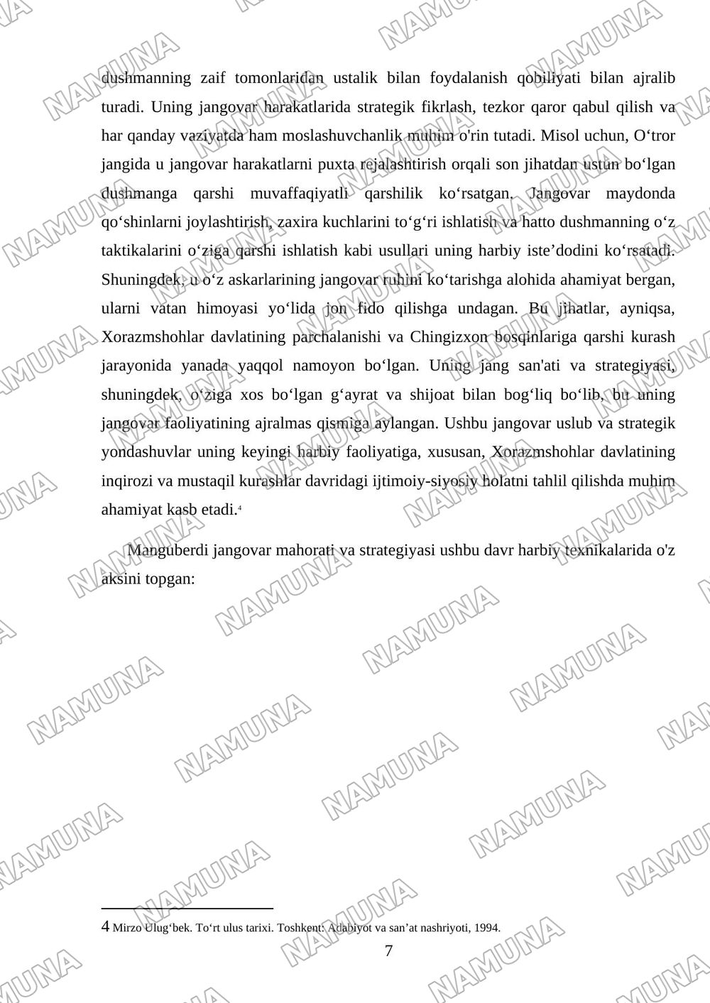 'JaloliddinManguberdi- Vatanhimoyachisi ' — mustaqil ish, 7-varaq